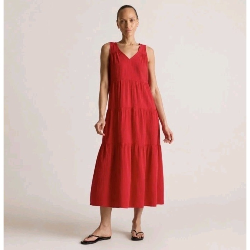 Quince Women's 100% Organic Cotton Gauze Tiered Maxi Dress Red Cherry Size XL